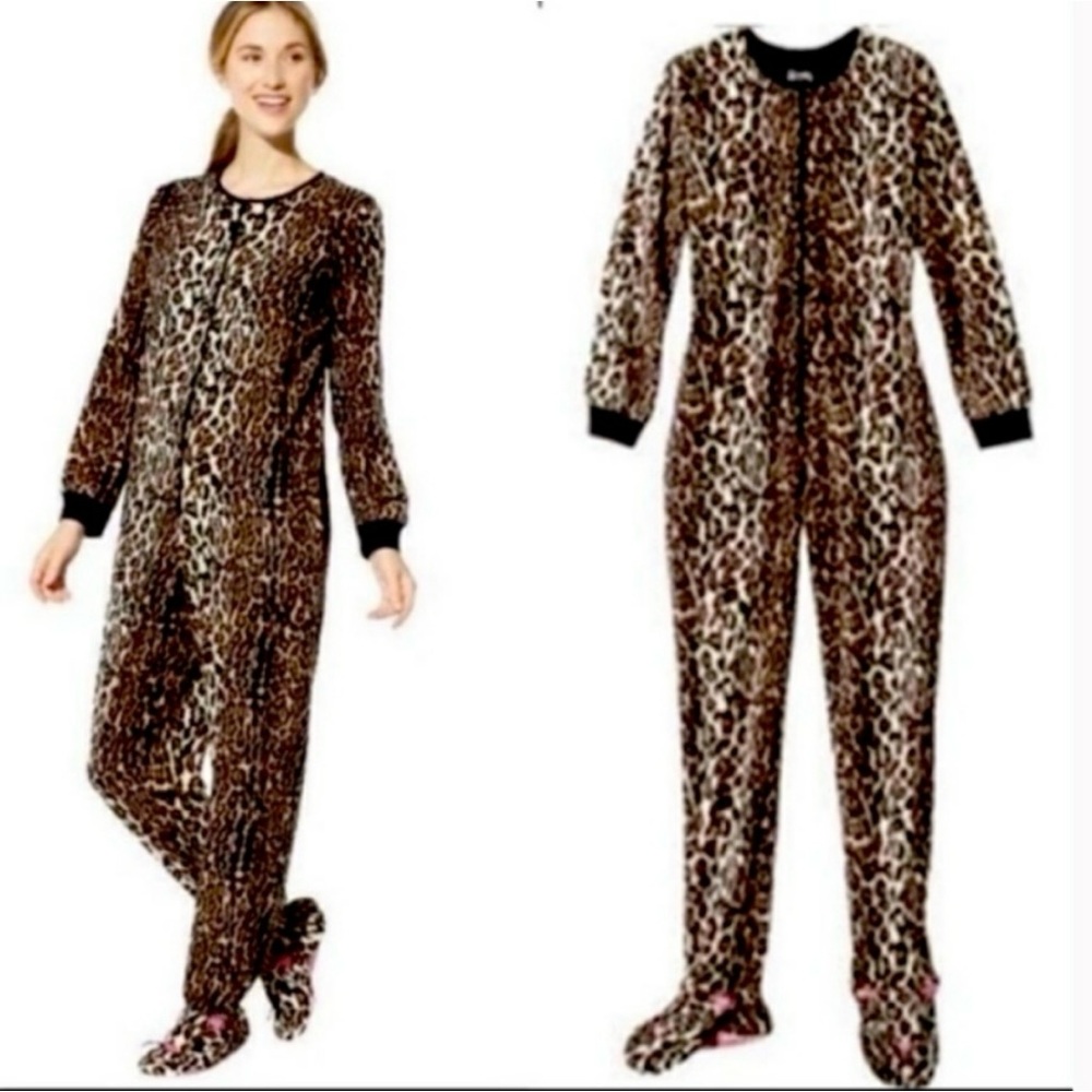 Nick & Nora Leopard Print Onesie Pajamas Cozy Comfort Loungewear Pockets SZ S